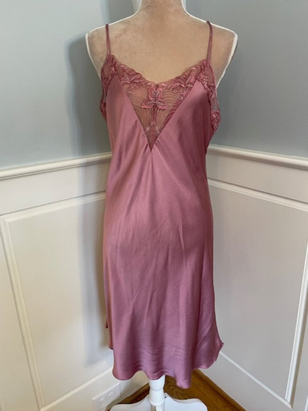 Silksilky 100% Pure Silk Mauve Pink Lace Trim Slip Dress Nightgown Chemise XL - Picture 2 of 6
